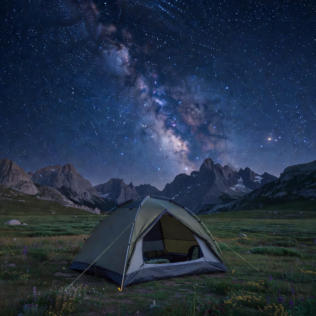 Backcountry camping tent set up under starry mountain sky