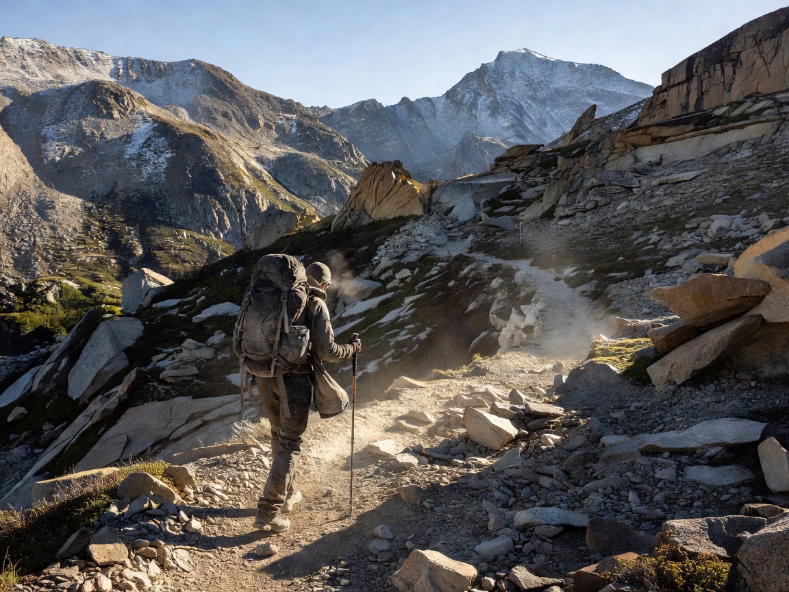 Backpacker navigating high altitude wilderness mountain pass route in backcountry terrain