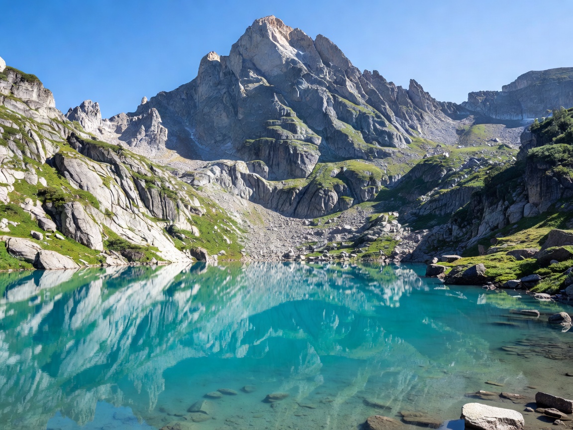 Clear turquoise alpine basin lake nestled below towering granite mountain peak