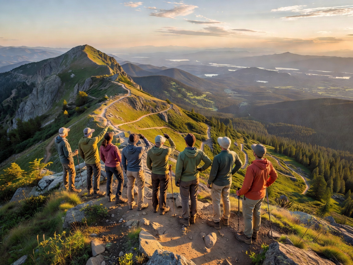 Group of hikers standing on top of mountain ridge admiring panoramic trail view