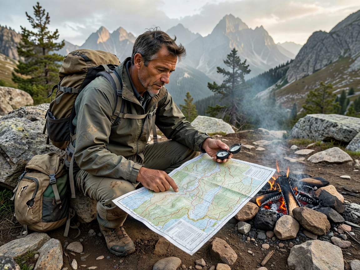 Hiker reviewing a mountain trail navigation map at an outdoor campsite