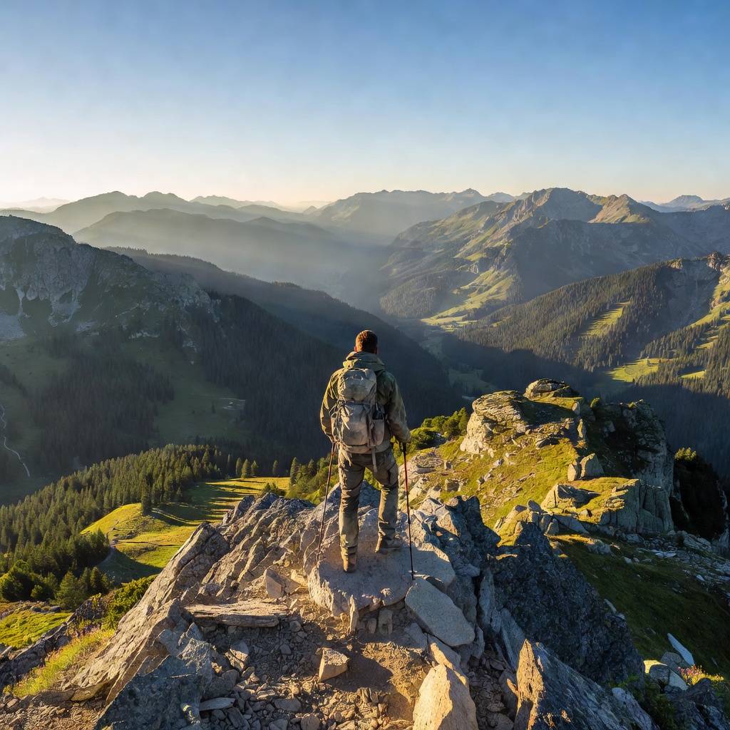 Hiker standing on rocky mountain summit overlooking alpine valleys