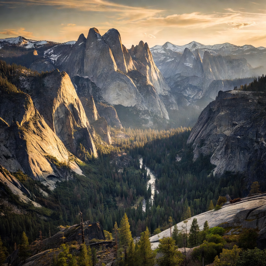 Majestic granite mountain peaks and valley view in Yosemite National Park