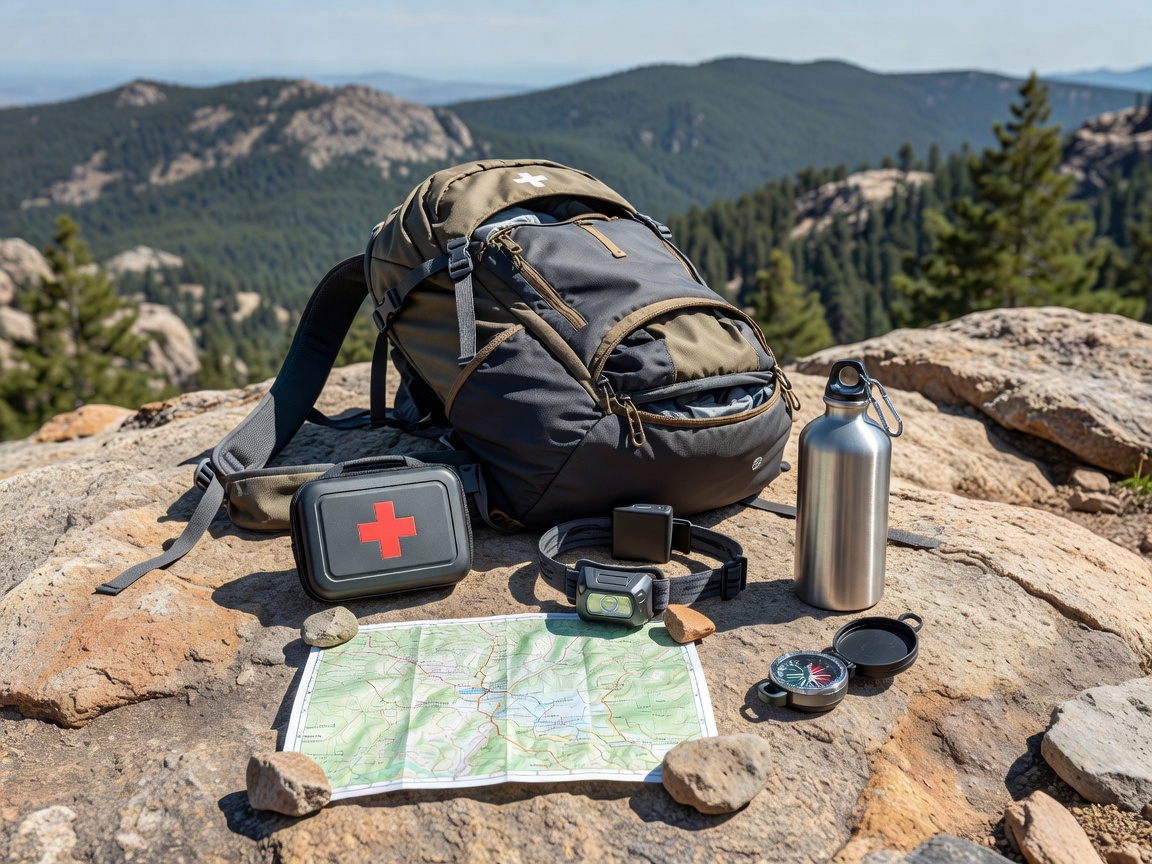 Outdoor hiking daypack and essential safety gear neatly organized for day trip