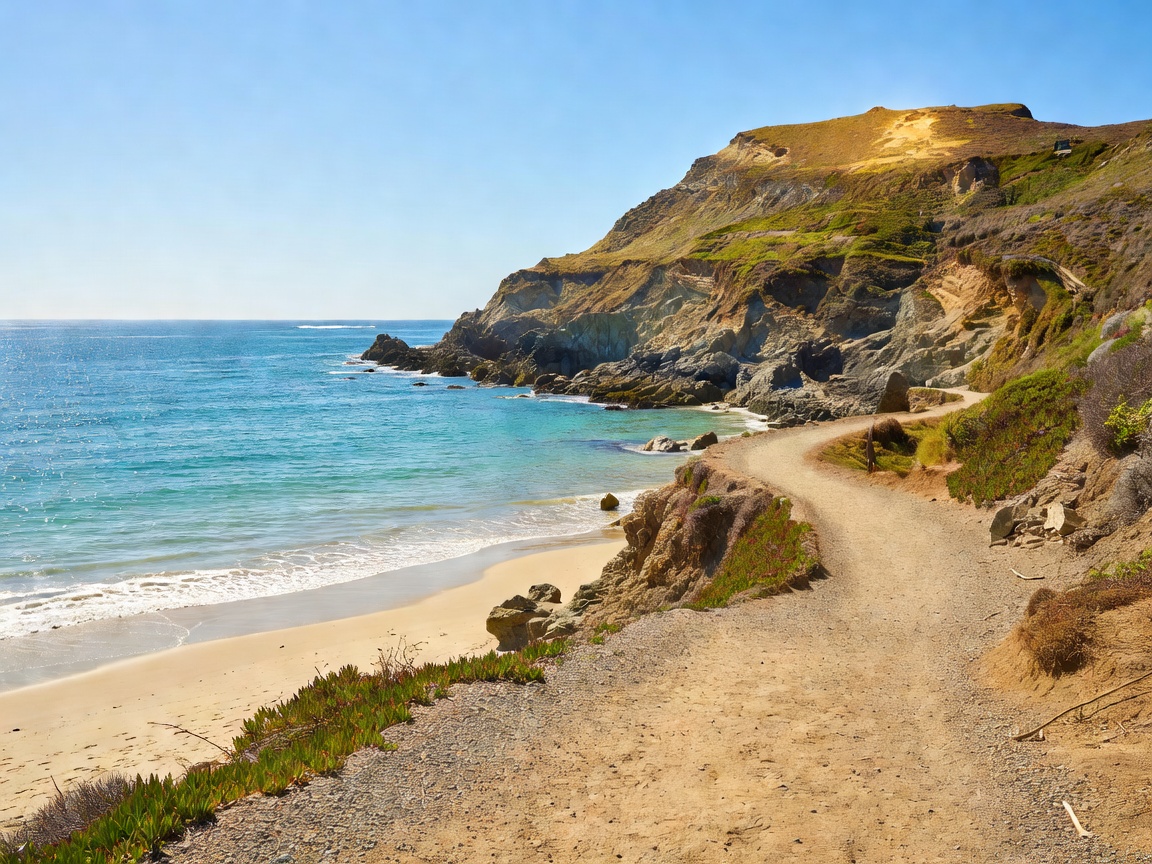 Pacific cove shoreline walking path with clear ocean vistas and sunny beach headland