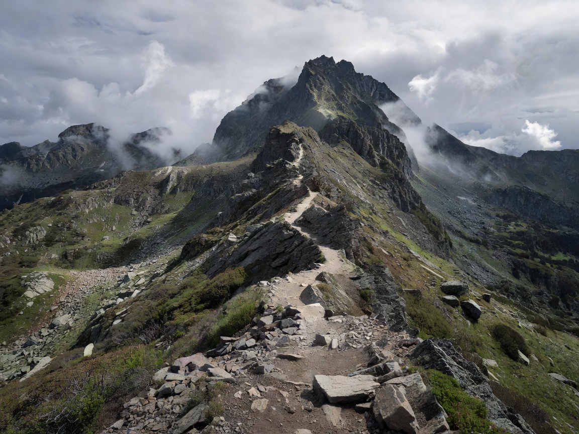 Panoramic view of dramatic Eagle Crest mountain ridge trail and rocky alpine scenery