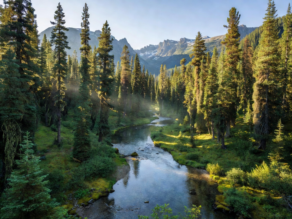 Pristine mountain forest river valley showcasing undisturbed leave-no-trace nature