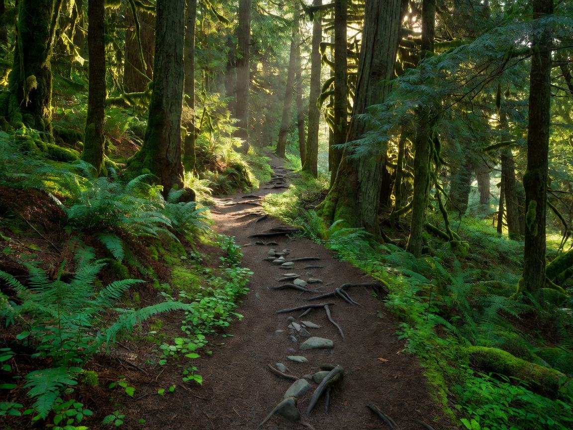 Scenic green forest trail leading through mountain woods