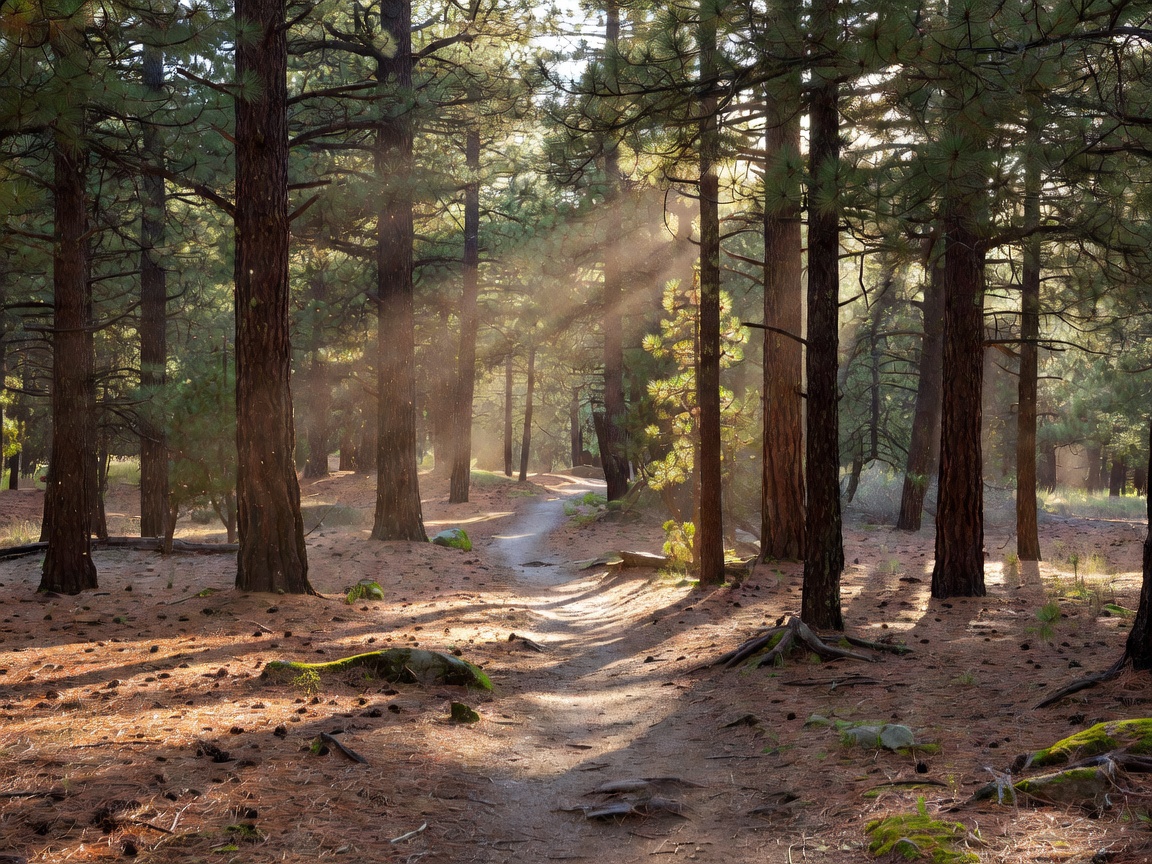 Sunlight filtering through tall pine canopy trees on a quiet nature forest loop trail