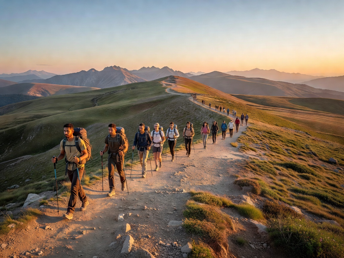 Travelers and hikers walking along scenic open mountain ridge trail